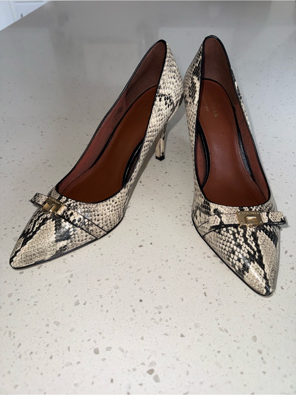 Cole Haan Snake-Print Pointed Toe Pumps with Bow Accent - Ivory/Black